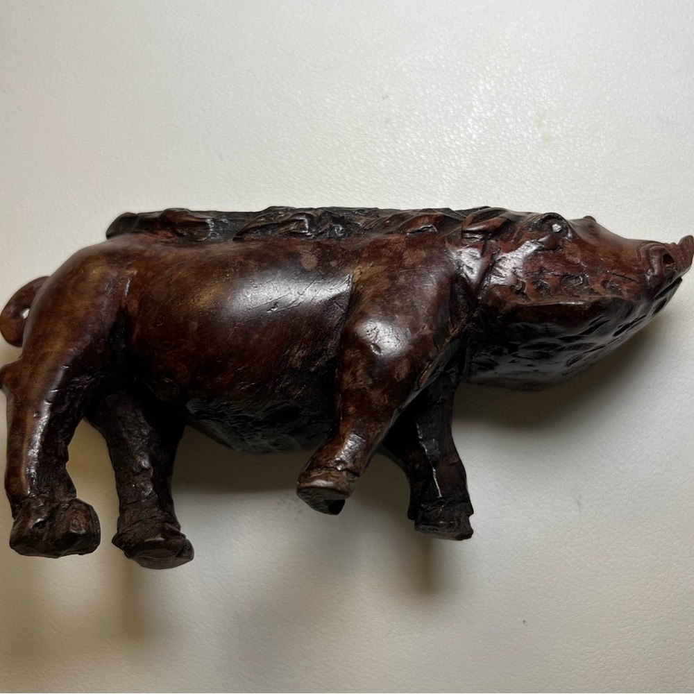Vintage Hand-Carved Wooden Boar Figurine – Dark Hardwood, Rustic Folk Art, 6” - Picture 7 of 10